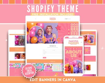 Puede incluir: Un diseño de tema Shopify rosa con el texto "Shopify Theme" y "Free Installation Included". El diseño incluye maquetas de sitios web y aplicaciones móviles con el texto "Contact" y "About Us". El diseño también incluye el texto "Edit Banners in Canva".