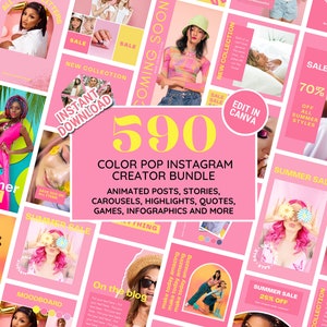 Pacchetto di modelli Instagram: kit di branding per social media Color POP - Post, storie, caroselli, citazioni, copertine in evidenza - Modifica in Canva