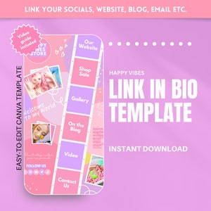 May include: A pink and white Canva template for a link in bio page. The template features a grid of clickable links to different sections, including "Our Website", "Shop Sale", "Gallery", "On the Blog", "Video", and "Contact Us". The template also includes a welcome message, a follow us section, and a video guide included label.