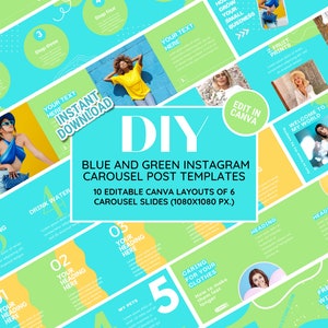 Plantilla de carrusel de Instagram: crea publicaciones coloridas, impactantes y atractivas. Edita en Canva. Tema azul neón y verde.