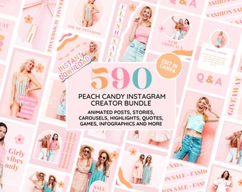 Pacote de Modelos para Instagram: Kit para Mídias Sociais com Balas de Pêssego em Tons Pastel Brilhantes - Posts, Stories, Carrosséis, Citações, Capas de Destaques - Edite no Canva