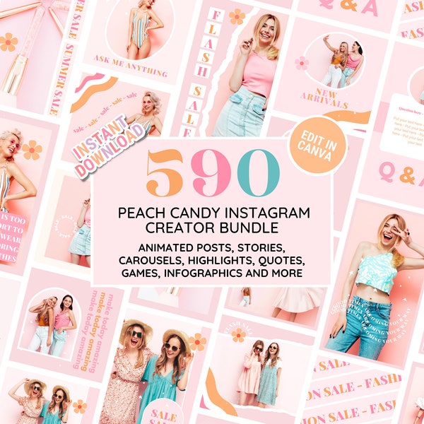 Lot de modèles Instagram : kit réseaux sociaux pastel brillant pêche bonbon - articles, histoires, carrousels, citations, couvertures de surlignage - à modifier sur Canva