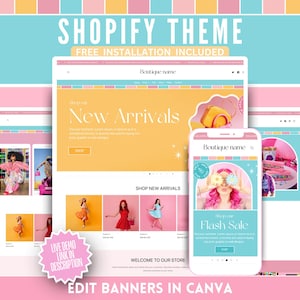 Fun Boutique Shopify Theme - Colorful Cute Banners & Logo Templates - Fashion eCommerce Boutique - Easy Setup Webdesign - Edit in Canva
