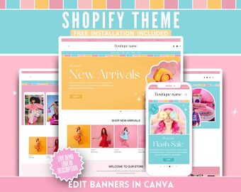 Fun Boutique Shopify Theme - Colorful Cute Banners & Logo Templates - Fashion eCommerce Boutique - Easy Setup Webdesign - Edit in Canva