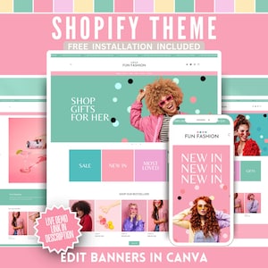 May include: A Shopify theme advertisement featuring a website design on a tablet, laptop, and smartphone. The theme is called "Fun Fashion" and includes the text "Shop Gifts For Her." The design uses pink, teal, and white colors.
