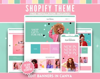 Puede incluir: Anuncio de un tema de Shopify que presenta un diseño de sitio web en una tableta, computadora portátil y teléfono inteligente. El tema se llama "Fun Fashion" e incluye el texto "Shop Gifts For Her". El diseño utiliza colores rosa, turquesa y blanco.