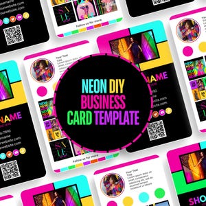 Plantilla de tarjeta de presentación de neón - Diseño colorido - Editable en Canva - Logotipo incluido