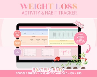 Weight Loss Tracker: Stay on Track with this Google Sheets Pastel Candy Activity Planner - Habits, Measurements, Motivation, Burned Calories