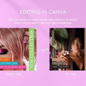 K&ouml;nnte beinhalten: Ein Vorher-Nachher-Bild, das zeigt, wie man einen Social-Media-Beitrag in Canva bearbeitet. Das Originalbild zeigt eine Frau mit rosa Haaren und Make-up, mit dem Text "OPEN NOW", "SALON HAPPY HAIR" und "BOOK YOUR APPOINTMENT". Das bearbeitete Bild zeigt eine Frau mit dunklen, lockigen Haaren, mit dem Text "COMMENT", "FOLLOW US" und "LIKE THIS POST". Der Text "NEW COLLECTION" befindet sich auf der rechten Seite des Originalbildes und der Text "GIVEAWAY GIVEAWAY" befindet sich auf der rechten Seite des bearbeiteten Bildes.