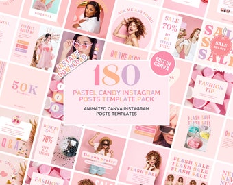 Instagram Template Post Bundle: Pastel Candy Social Media Feed Perfect for Fashion, Clothing, Salon, Beauty, Coach, Blogger - Edit in Canva