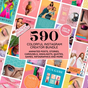 Colorful Instagram Template Bundle: Colorful Stories, Posts, Carousels, Quotes, Highlight Covers - Social Media Feed - Edit in Canva