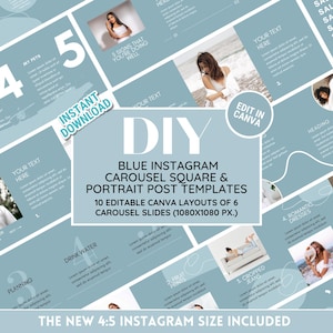 Può includere: Modelli di carosello Instagram blu e bianchi per i social media. I modelli presentano un design fai-da-te con il testo "DIY Blue Instagram Carousel Square & Portrait Post Templates 10 Editable Canva Layouts of 6 Carousel Slides (1080x1080 px.)".