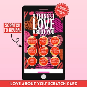 Carte numérique à gratter Love About You : téléchargement immédiat - Grattez pour révéler des messages d'amour - Parfaite pour les amis, les partenaires, les parents, etc.
