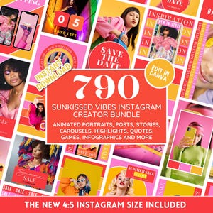 Colorful Instagram Creator Bundle featuring 790 animated Canva templates in vibrant summer tones. Includes posts, stories, carousels, highlights, quotes, games, infographics, and portraits for countdowns, flash sales, summer promotions, and lifestyle content, plus 4:5 Instagram size and instant download.
