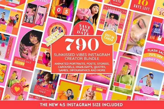 Instagram Template Bundle: Posts, Stories, Carousels, Quotes, Highlight Covers - Bright Colorful Social Media Branding Kit - Sunkissed Vibes