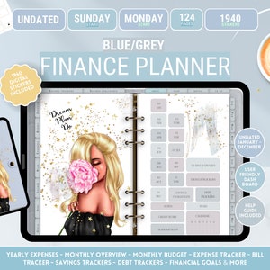 May include: A blue and grey digital planner with a woman's illustration on the cover. The planner includes 124 pages and 1940 digital stickers. The planner is undated and includes a user-friendly dashboard, help guide, and yearly expenses, monthly overview, monthly budget, expense tracker, bill tracker, savings trackers, debt trackers, and financial goals.