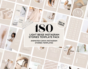Könnte beinhalten: Eine Collage aus 180 hellbeigen Instagram-Story-Vorlagen für die Verwendung mit Canva. Die Vorlagen zeigen verschiedene Designs mit Text wie "Sale", "Giveaway", "Neu", "Checkliste" und "Beauty Sale".