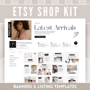 Boho Luxe Etsy Shop Kit featuring a neutral layout with soft pastel accents and fashion-forward imagery. Includes mock-up of an Etsy shop page with customizable welcome banner, listing templates for product info, bundle deals, and promotional messages. Central collage showcases cohesive branding, editable Canva elements, and a clean, elegant storefront aesthetic.