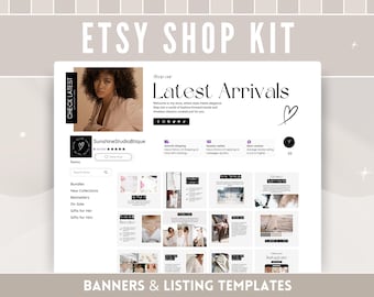 Könnte beinhalten: Ein digitales Mockup eines Etsy-Shop-Banners und Listing-Vorlagen. Das Banner zeigt eine Frau mit dunklen Haaren, die ein hellrosa Oberteil trägt. Der Text "Shop our Latest Arrivals" ist in schwarzer Schrift dargestellt. Die Listing-Vorlagen zeigen eine Vielzahl von Bildern und Texten.