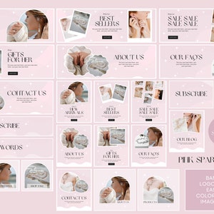 Puede incluir: Un conjunto de banners y logotipos de sitios web rosas y blancos con texto como "Novedades", "M&aacute;s vendidos" y "Regalos para ella". El texto "Pink Sparkle" tambi&eacute;n es visible.