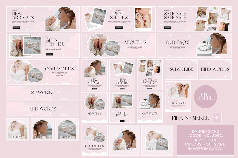 Puede incluir: Un conjunto de banners y logotipos de sitios web rosas y blancos con texto como "Novedades", "M&aacute;s vendidos" y "Regalos para ella". El texto "Pink Sparkle" tambi&eacute;n es visible.