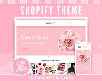 Beauty Shopify Theme - Glam Pink Canva Banners & Logo Templates - Easy Website Setup - Perfect for Beauty, Salon, Cosmetics, Hair, Nails