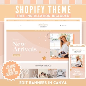 Cute Shopify Theme & Logo Templates - Peach Sunrise Website Banners - Easy Setup Webdesign eCommerce Store - Edit in Canva