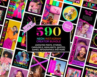 Neon Instagram Template Bundle: Pulsierendes Social Media Branding Kit - Posts, Stories, Karusselle, Zitate, Highlight Covers - In Canva bearbeiten