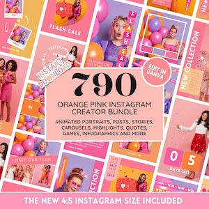 Instagram-sjabloonbundel: leuke oranjeroze socialmediakit - portretten, posts, verhalen, carrousels, citaten, omslagen met hoogtepunten - bewerken in canva