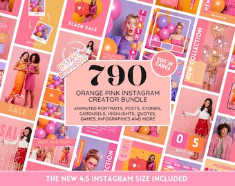 Pacote de Modelos para Instagram: Kit Divertido para Mídias Sociais Laranja e Rosa - Retratos, Postagens, Histórias, Carrosséis, Citações, Capas de Destaques - Edite no Canva