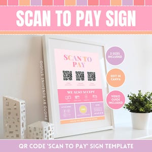 Pode incluir: Um modelo de sinal imprimível rosa e roxo com o texto "Scan to Pay" e um código QR. O sinal também inclui o texto "Também aceitamos" e uma lista de métodos de pagamento. O sinal está disponível em dois tamanhos e inclui um guia de vídeo.