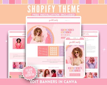 Cute Shopify Theme - Pink Pastel Candy Canva Banners & Logo Templates - Easy Website Setup - Perfect for Fashion, Clothing, Boutique