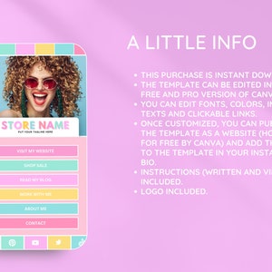 K&ouml;nnte beinhalten: Ein farbenfrohes Handy-Bildschirm-Mockup mit dem Gesicht einer Frau und dem Text "STORE NAME" mit dem Slogan "PUT YOUR TAGLINE HERE". Der Bildschirm hat Schaltfl&auml;chen f&uuml;r "Besuchen Sie meine Website", "Shop Sale", "Lesen Sie meinen Blog", "Arbeiten Sie mit mir", "&Uuml;ber mich" und "Kontakt".