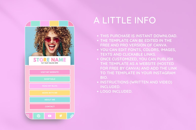 K&ouml;nnte beinhalten: Ein farbenfrohes Handy-Bildschirm-Mockup mit dem Gesicht einer Frau und dem Text "STORE NAME" mit dem Slogan "PUT YOUR TAGLINE HERE". Der Bildschirm hat Schaltfl&auml;chen f&uuml;r "Besuchen Sie meine Website", "Shop Sale", "Lesen Sie meinen Blog", "Arbeiten Sie mit mir", "&Uuml;ber mich" und "Kontakt".