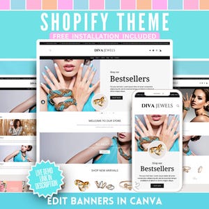 May include: A Shopify theme advertisement featuring website mockups on a desktop, tablet, and phone. The theme showcases jewelry with the text "DIVA JEWELS" and "Shop our Bestsellers." The background is light blue with text that reads "SHOPIFY THEME" and "FREE INSTALLATION INCLUDED."