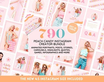Paquete de plantillas de Instagram: Kit para redes sociales con caramelos de melocotón pastel brillante - Retratos, publicaciones, historias, carruseles, citas y portadas destacadas de Canva