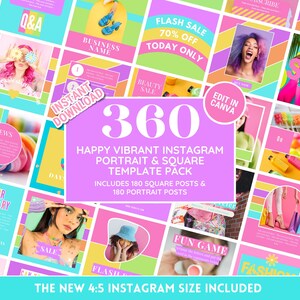 Instagram Post & Portrait Template Bundle: Bold Colorful Happy Vibrant Social Media Feed Perfect for Boutique, Clothing - Edit in Canva