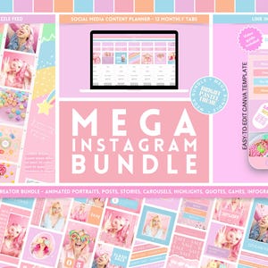 Instagram Mega Bundle Kit: Bright Pastel Portraits, Posts, Stories, Puzzle, Carousel, Social Media Content Planner, Link in Bio - Canva