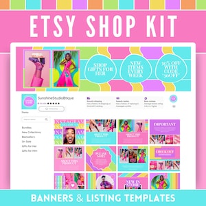 Colorful Branding Kit for Your Etsy Shop: Happy Colors Banners, Icons and Listing Templates - Modern Happy Canva Store Theme