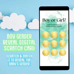 Carte numérique à gratter « Gender Reveal » pour GARÇONS : annonce téléchargement immédiat - Match 3 pour gagner !