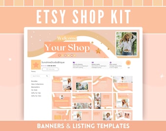 Könnte beinhalten: Ein digitales Mockup eines Etsy-Shop-Banners und Listing-Vorlagen. Das Banner hat einen Pfirsich-Hintergrund mit einem wellenförmigen, abstrakten Design in Gold und Pfirsich. Der Text "Willkommen in Ihrem Shop" ist in einer fetten, orangen Schrift. Die Listing-Vorlagen haben ein ähnliches Design mit Pfirsich- und Goldhintergründen und wellenförmigen Linien. Der Text "SunshineStudioBoutique" ist im Shop-Banner sichtbar.