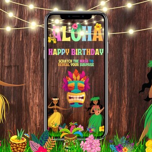 carte d'anniversaire hawaïenne | Gratter | Invitation Luau | numérique à gratter | Surprise d'anniversaire | Hawaï |  Aloha | Pièces à gratter