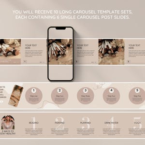May include: A set of 10 long carousel templates for social media, each containing 6 single carousel post slides. The templates feature a neutral beige colour scheme with a minimalist design. The text "HOW TO GROW YOUR SMALL BUSINESS" and "5 WAYS TO STAY HEALTHY" are included in the templates.