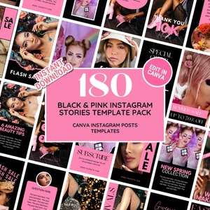 Instagram Story Bundle: Black & Pink Social Media Branding Kit Templates, Perfect for Fashion, Blogger, Salon, Beauty, Nails - Edit in Canva