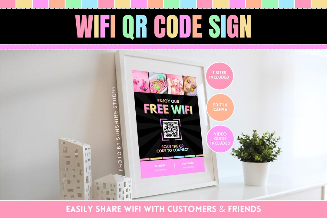 Pastel Neon Wifi QR Code Sign - Editable Wifi Password Sign - Printable ...
