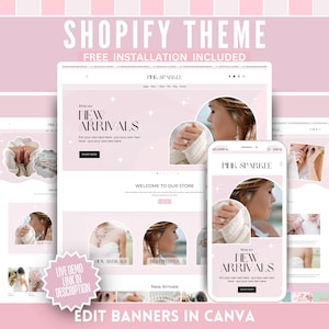 May include: A Shopify theme design displayed on a laptop, tablet, and smartphone. The theme features a pink and white color scheme with the text "Shopify Theme" and "Free Installation Included." The website design includes the text "New Arrivals" and "Pink Sparkle."