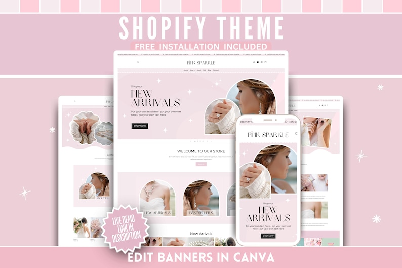 Soft pink Shopify theme and logo template bundle featuring a clean, feminine website layout with customizable branding elements, modern typography, cohesive color palette, and editable logo designs. Canva‑friendly templates for creating a polished, professional online store.