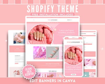 Nail Salon Shopify Theme - Pink Canva Banners & Logo Templates - Easy Website Setup - Perfect for Nail Salon, Beauty, Small Business Owner
