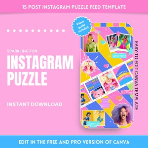 May include: A colorful Instagram puzzle feed template with a video guide included. The template features a variety of images and text, including "Sparkling Fun", "Instagram Puzzle", "Easy-to-Edit Canva Template", and "Instant Download".