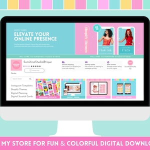 Puede incluir: Un monitor de ordenador muestra un sitio web con el texto &laquo; ELEVA TU PRESENCIA ONLINE &raquo;. El sitio web presenta plantillas de Instagram, temas de Shopify y productos de planificaci&oacute;n digital. El esquema de color del sitio web es azul claro, rosa y blanco.